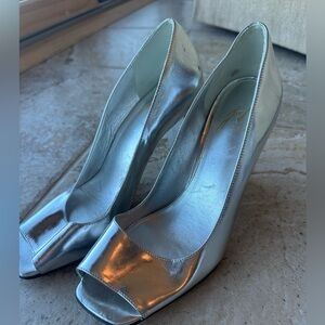 Metallic Silver Peep-Toe Heels
